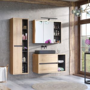 Set Bagno Completo DEVON 100 cm – Rovere Shetland e Grafite con Lavabo Nero, Specchiera LED e Colonna