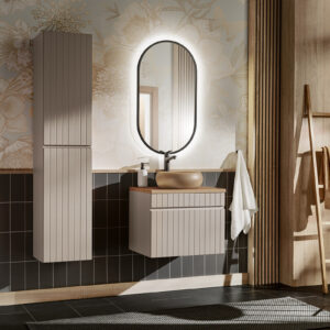 Set Bagno Completo ICONIC 60 cm Cashmere Opaco con Lavabo da Appoggio, Specchio LED e Colonna