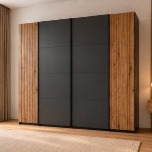 Armadio Esteban 270 cm con 2 ante scorrevoli e 2 battenti – Antracite e Rovere Evoque