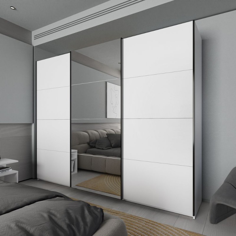 Armadio Zegna 255 cm con 3 ante scorrevoli e specchio – Bianco - immagine 2