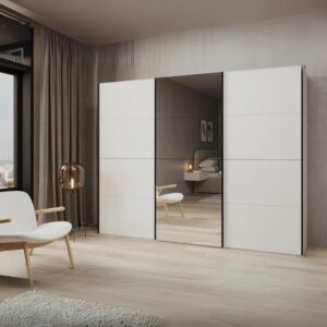 Armadio Zegna 255 cm con 3 ante scorrevoli e specchio – Bianco