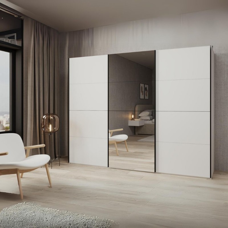 Armadio Zegna 255 cm con 3 ante scorrevoli e specchio – Bianco