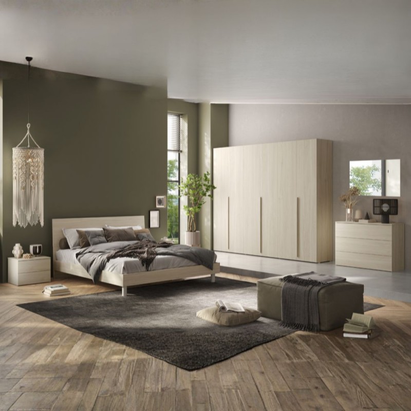 Camera da Letto Completa Corinna Olmo con Armadio 6 Ante e Letto Matrimoniale in Legno