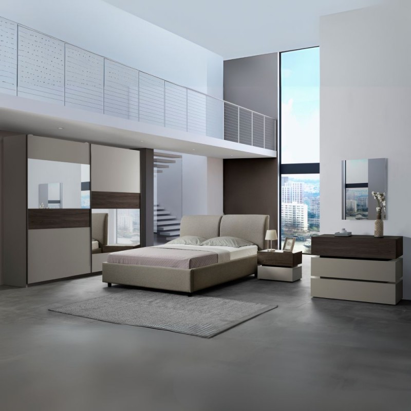 Camera da Letto Completa Kendra Tortora e Noce con Letto Contenitore Imbottito e Armadio Scorrevole - immagine 2