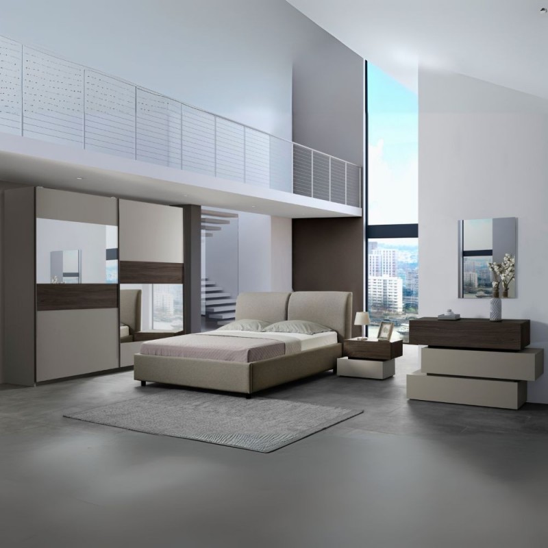 Camera da Letto Completa Kendra Tortora e Noce con Letto Contenitore Imbottito e Armadio Scorrevole - immagine 3