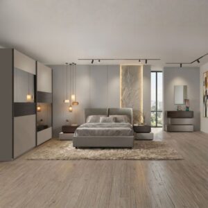 Camera da Letto Completa Kendra Tortora e Noce con Letto Contenitore Imbottito e Armadio Scorrevole