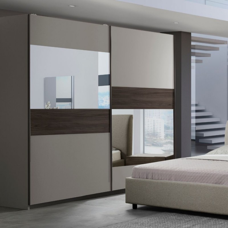 Camera da Letto Completa Kendra Tortora e Noce con Letto Contenitore Imbottito e Armadio Scorrevole - immagine 7