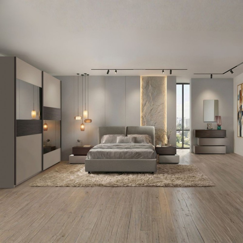 Camera da Letto Completa Kendra Tortora e Noce con Letto Contenitore Imbottito e Armadio Scorrevole