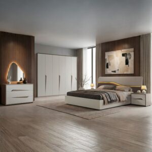 Camera da letto Soleil completa con letto contenitore LED – Cashmere e Olmo Biscotto