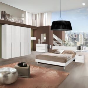 Camera da Letto Completa Urano Bianco Larice con Armadio 6 Ante e Letto Matrimoniale in Legno
