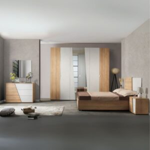 Camera da Letto Completa Fadri con Letto Contenitore e Armadio 6 Ante – Rovere Miele e Grigio Chiaro