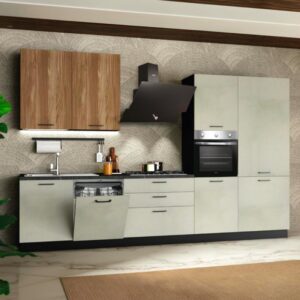Cucina Completa Micol Destra con Elettrodomestici – Cemento Bianco e Olmo Tabacco
