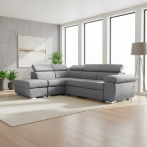 Divano letto Fiona angolare con penisola sinistra e pouf contenitore – Aragon 83 grigio