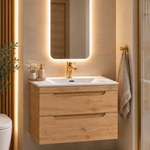 Mobile Bagno Sospeso Aruba Craft 80 cm con 2 Cassetti – Set Completo con Lavabo, Specchio LED e Rubinetto Oro
