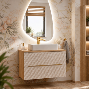 Set Bagno Completo OCEAN 90 cm – Rovere e Bianco 3D con Lavabo, Specchio e Rubinetto Oro